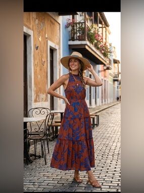GAP Sleeveless Maxi Dress with Blue Floral on Brown